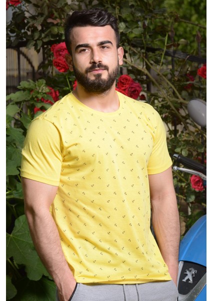 Erkek Sarı Slim Fit Çapa Baskılı Kısa Kollu Bisiklet Yaka Tişört 20ETSHCAPA