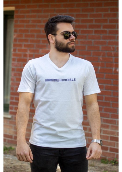 Beyaz Slim Fit Invisible Yazılı Kısa Kollu V Yaka Erkek Tişört 20ETSHNVSB