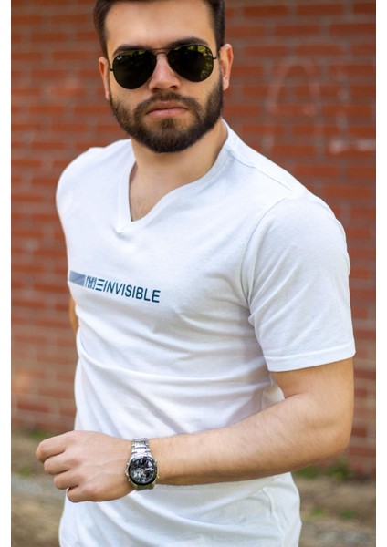 Beyaz Slim Fit Invisible Yazılı Kısa Kollu V Yaka Erkek Tişört 20ETSHNVSB modelleri