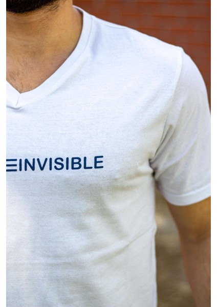 Beyaz Slim Fit Invisible Yazılı Kısa Kollu V Yaka Erkek Tişört 20ETSHNVSB fırsatları