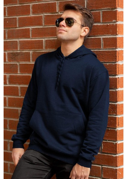 Erkek Lacivert Düz Basic Kapüşonlu Cepli Oversize Sweatshirt 21ESWT1KNG
