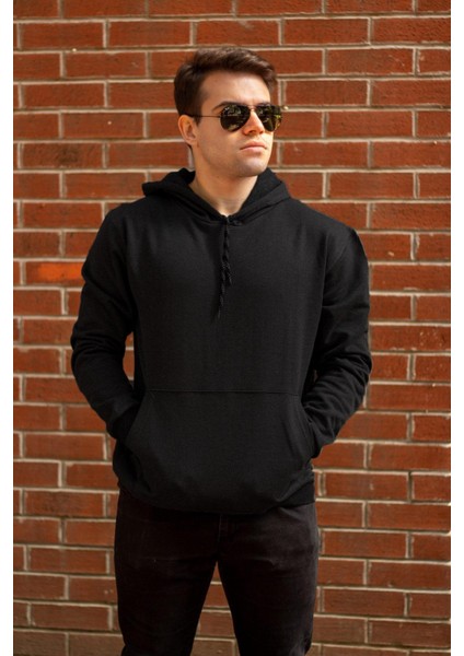 Erkek Siyah Düz Basic Kapüşonlu Cepli Oversize Sweatshirt 21ESWT1KNG