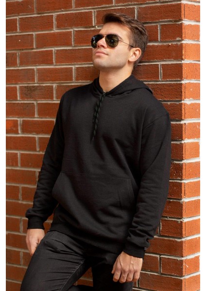 Erkek Siyah Düz Basic Kapüşonlu Cepli Oversize Sweatshirt 21ESWT1KNG modelleri