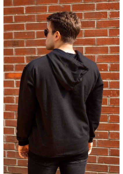 Erkek Siyah Düz Basic Kapüşonlu Cepli Oversize Sweatshirt 21ESWT1KNG