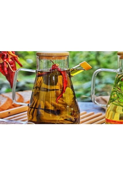 900 ml Bambu Kapaklı Cam Yağdanlık Sirkelik Süt Saklama Su Sürahisi