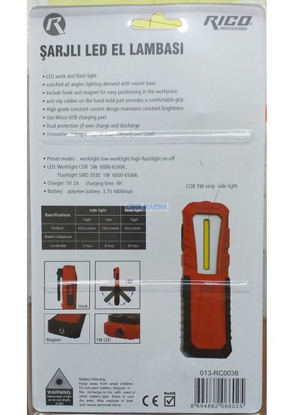 RC0038 420 Lümens Şarjlı LED El Feneri El Lambası Mıktanıslı