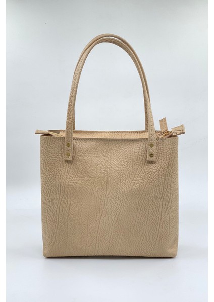 Kadın Bej Desenli Hakiki Deri El Yapımı Omuz Çantası