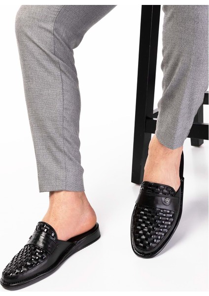 Erkek Deri Örgü Desen Damat Ev Terliği KAYAŞ.102 - Siyah - 41