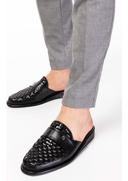 Erkek Deri Örgü Desen Damat Ev Terliği KAYAŞ.102 - Siyah - 41 fiyatları