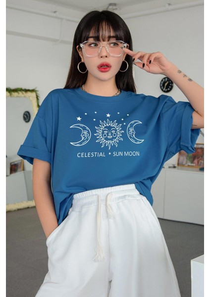 Kadın Pudra Pembe Oversize Celestial Sun Moon Baskılı T-Shirt