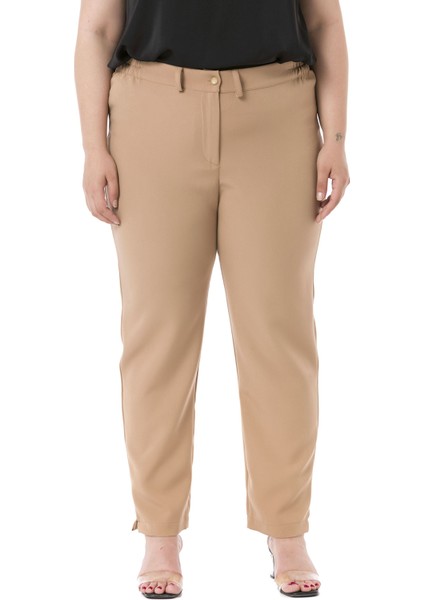 Büyük Beden Beli Yanlardan Lastikli Fermuarlı Paçası Yırtmaçlı Vizon Pantolon