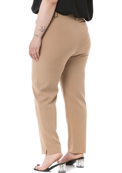 Büyük Beden Beli Yanlardan Lastikli Fermuarlı Paçası Yırtmaçlı Vizon Pantolon modelleri