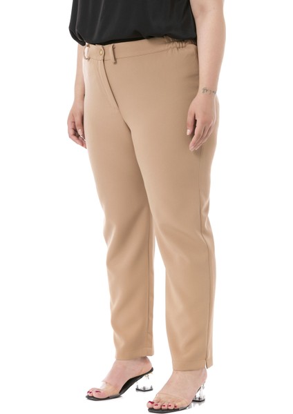 Büyük Beden Beli Yanlardan Lastikli Fermuarlı Paçası Yırtmaçlı Vizon Pantolon fırsatları