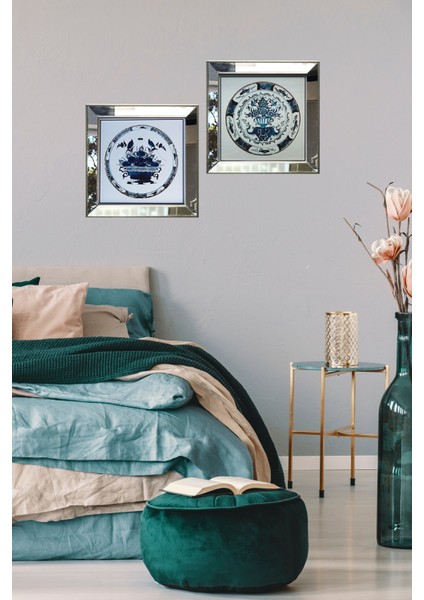 Ayna Çerçeveli Ikili Tablo Blue Blanc Mavi Beyaz Poster Seti