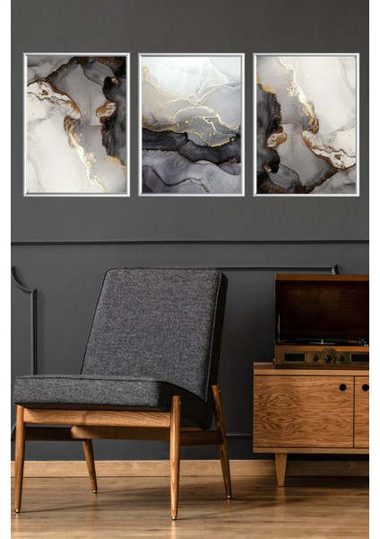 Üçlü Mermer Desenli Alüminyum Gümüş Renkli Metal Çerçeveli Poster Seti indirimleri