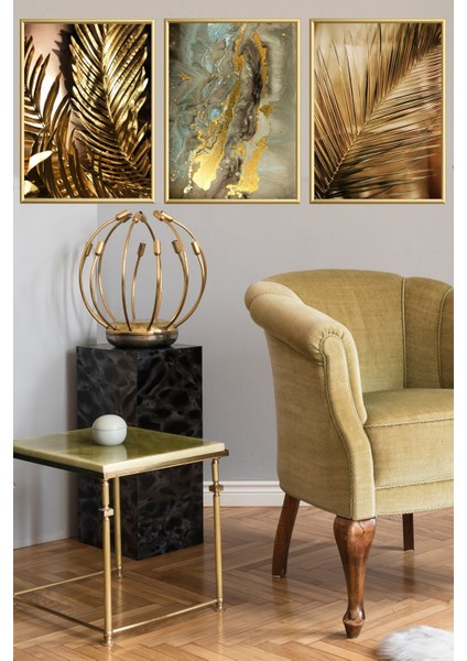 Üçlü Gold Alüminyum Metal Çerçeveli Poster Tablo Set