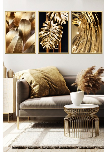 Üçlü Gold Alüminyum Metal Çerçeveli Camlı Poster Tablo Seti