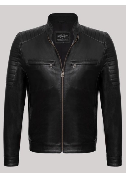 Deri Siyah Erkek Deri Mont Omuz Kol Işlemeli Slim Fit Deri Ceket