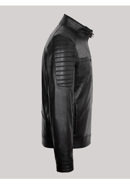 Deri Siyah Erkek Deri Mont Omuz Kol Işlemeli Slim Fit Deri Ceket modelleri