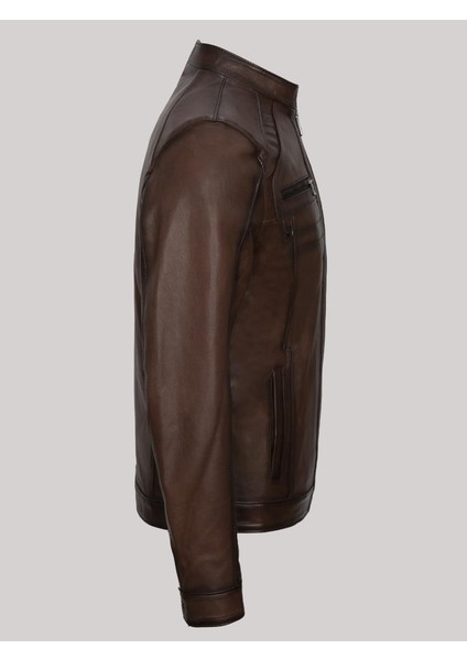 Deri Kahverengi Erkek Deri Mont Dik Yaka Oscar Deri Ceket modelleri