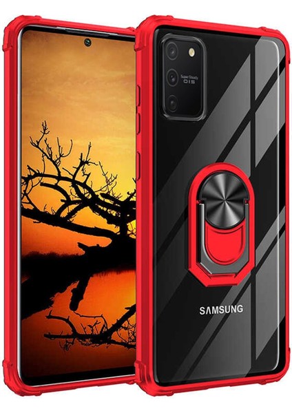 Samsung Galaxy A91 (S10 Lite) Uyumlu Kılıf Standlı Yüzüklü Şeffaf Metal Ring Ultra Protective Case