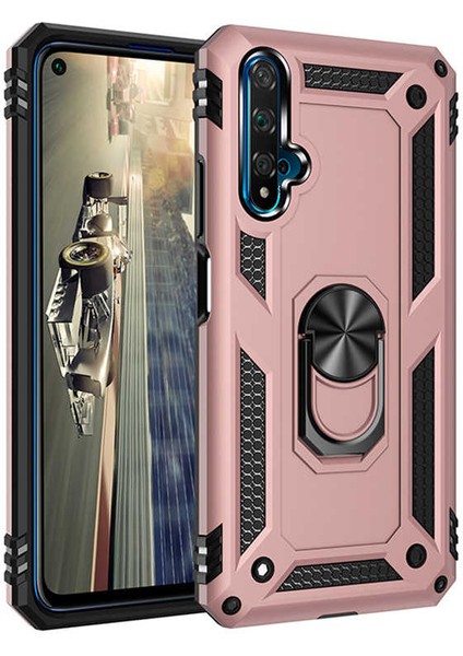 Huawei Nova 5t Uyumlu Kılıf Stand Yüzüklü Kapak Military Metal Solid Ring Case