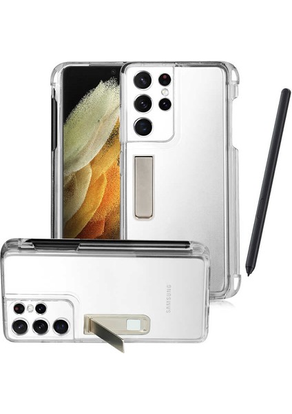 Samsung Galaxy S21 Ultra Uyumlu Kılıf Standlı Kalem Bölmeli Ultra Ince Ultra Esnek Şeffaf Silikon