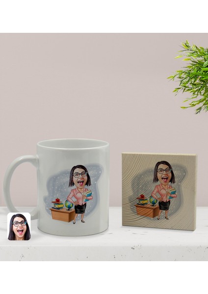 Kişiye Özel Kadın Öğretmen Karikatürlü Beyaz Kupa Bardak ve Ahşap Bardak Altlığı Hediye Seti - Model 5 fiyatları