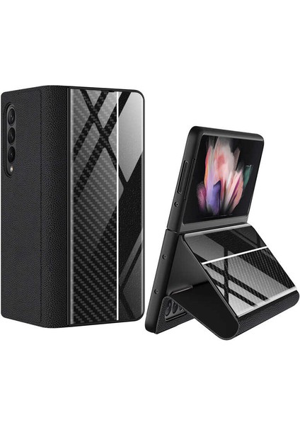 Samsung Galaxy Z Fold 3 Uyumlu Ön ve Arka Kılıf Standlı 180 Derece Aç-Kapa Pu-Deri 9h Temperli Cam Ön Yüzey