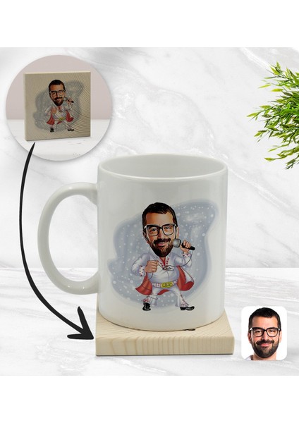 Kişiye Özel Elvis Presley Karikatürlü Beyaz Kupa Bardak ve Ahşap Bardak Altlığı Hediye Seti - Model 1