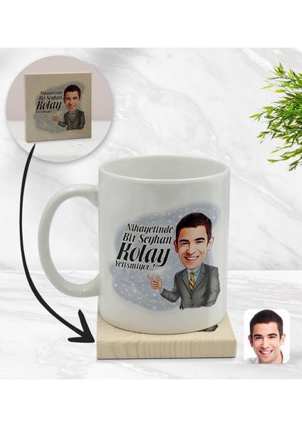 Kişiye Özel Erkek Nihayetinde Karikatürlü Beyaz Kupa Bardak ve Ahşap Bardak Altlığı Hediye Seti - Model 2