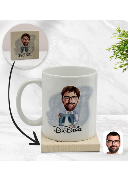 Kişiye Özel Erkek Radyolojist Karikatürlü Beyaz Kupa Bardak ve Ahşap Bardak Altlığı Hediye Seti - Model 1
