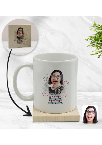 Kişiye Özel Canım Annem Karikatürlü Beyaz Kupa Bardak ve Ahşap Bardak Altlığı Hediye Seti - Model 1