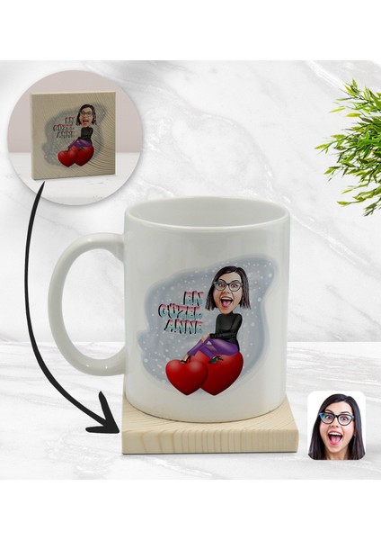 Kişiye Özel En Güzel Anne Karikatürlü Beyaz Kupa Bardak ve Ahşap Bardak Altlığı Hediye Seti - Model 1