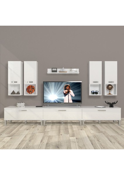 Eko 8da Mdf Krom Ayaklı Tv Ünitesi Tv Sehpası - Parlak Beyaz