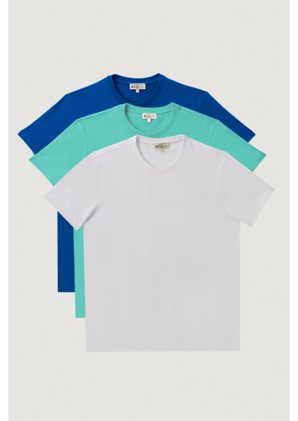 AC&Co / Altınyıldız Classics Erkek Beyaz-turkuaz-sax Slim Fit Dar Kesim Bisiklet Yaka 3'lü %100 Pamuk Tişört Paketi