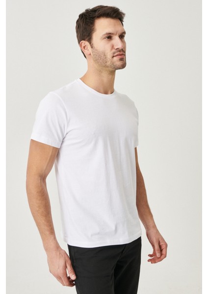 AC&Co / Altınyıldız Classics Erkek Beyaz-turkuaz-sax Slim Fit Dar Kesim Bisiklet Yaka 3'lü %100 Pamuk Tişört Paketi modelleri