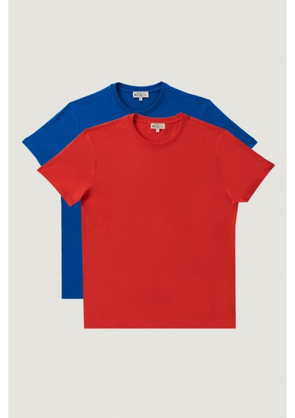 Erkek Sax-kırmızı Slim Fit Dar Kesim Bisiklet Yaka %100 Pamuk 2'li Düz Tişört Paketi