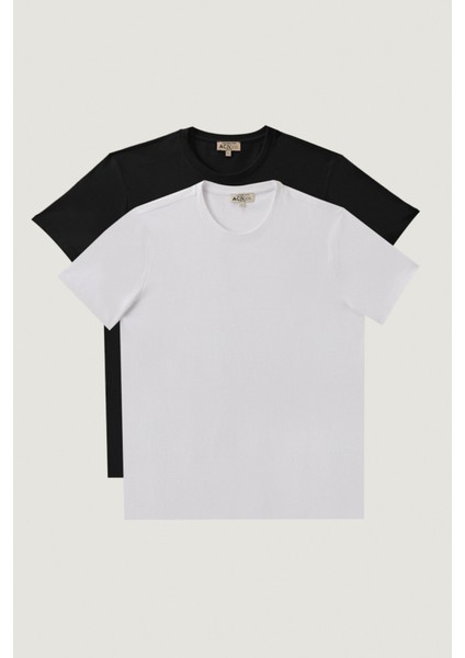 Erkek Siyah-beyaz Slim Fit Dar Kesim Bisiklet Yaka %100 Pamuk 2'li Tişört Paketi