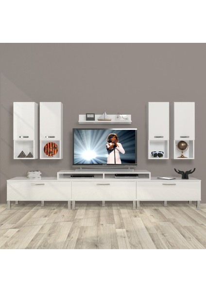 Ekoflex 8da Mdf Krom Ayaklı Tv Ünitesi Tv Sehpası - Parlak Beyaz