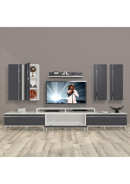 Ekoflex 8d Mdf Krom Ayaklı Tv Ünitesi Tv Sehpası - Beyaz - Antrasit