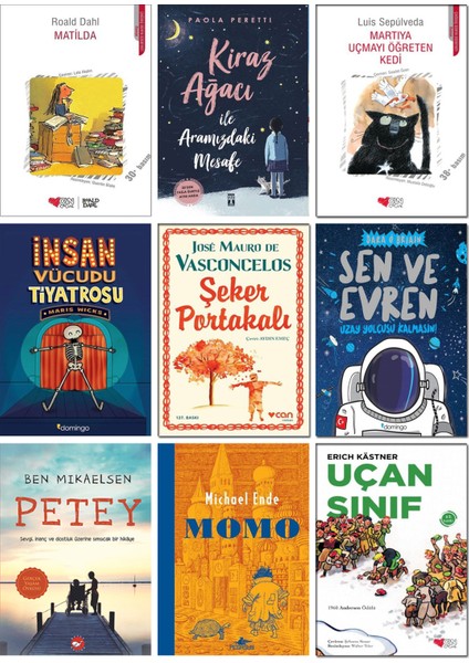 Matilda - Kiraz Ağacı İle Aramızdaki Mesafe - Martıya Uçmayı Öğreten Kedi - İnsan Vücudu Tiyatrosu - Şeker Portakalı - Sen ve Evren - Petey - Momo - Uçan Sınıf - Çocuklar Için 9 Kitap Seti