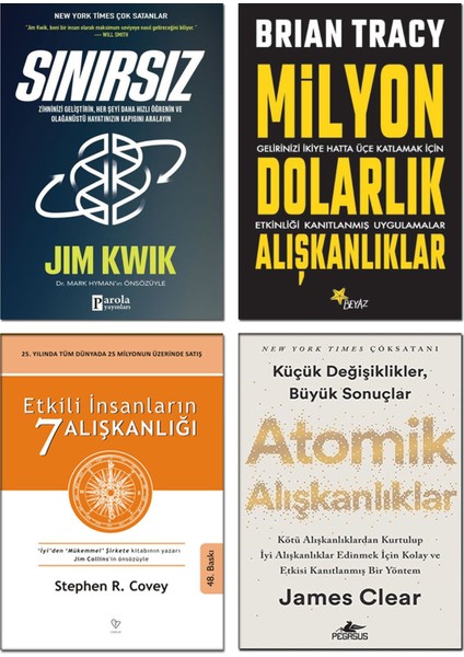 Sınırsız - Jim Kwik - Atomik Alışkanlıklar - James Clear - Milyon Dolarlık Alışkanlıklar - Brian Tracy - Etkili İnsanların 7 Alışkanlığı - Stephen Covey – 4’lü Kişisel Gelişim Kitap Seti