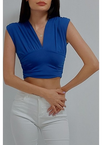Kolsuz Dekolteli Beli Bantlı Crop Bluz Mavi