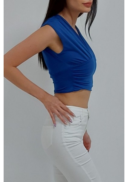 Kolsuz Dekolteli Beli Bantlı Crop Bluz Mavi