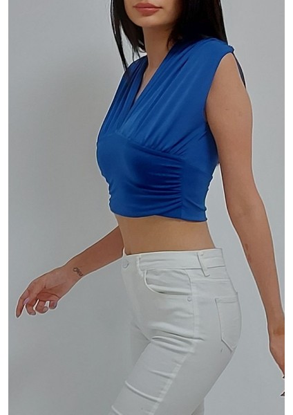 Kolsuz Dekolteli Beli Bantlı Crop Bluz Mavi