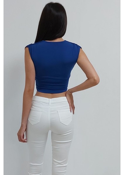 Kolsuz Dekolteli Beli Bantlı Crop Bluz Mavi