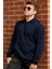 Erkek Lacivert Düz Basic Kapüşonlu Cepli Oversize Sweatshirt 21ESWT1KNG 1
