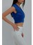 Kolsuz Dekolteli Beli Bantlı Crop Bluz Mavi 3