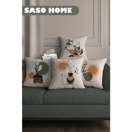 Saso Home Drought And Wildflowers Desenli Dijital Baskılı Yastık - Kırlent Kılıfı 4'lü